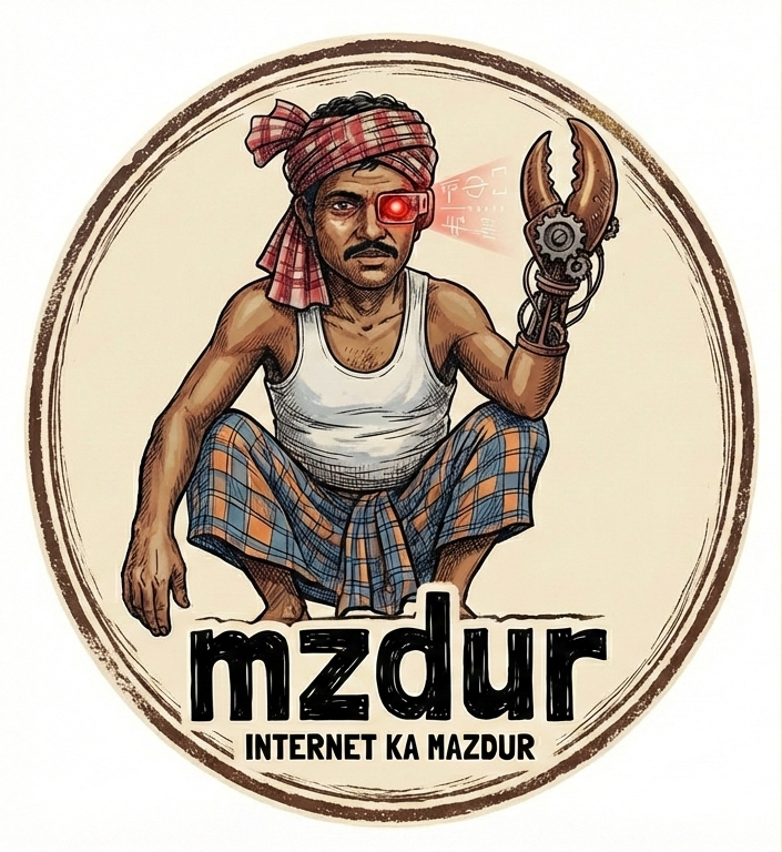 mzdur mascot — Internet Ka Mazdur, cyberpunk labourer with lobster claw